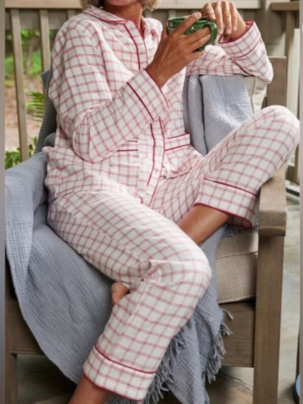 LAKE Red & White Plaid Cotton Pajama Set Flannel Piped in Scarlet | medium